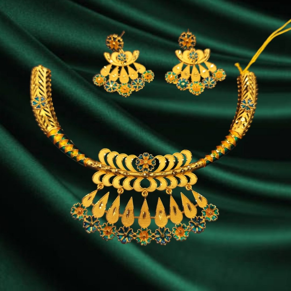 05 Exclusive Parashmani Jewellers Replica with Diamond Frosting work Meena Kari Hasuli Necklace - Image 1