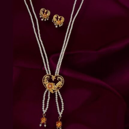 A Sirkar Replica with Diamond Frosting work Meenakari 2 Line Pearl Tie Chain with Earrings Set